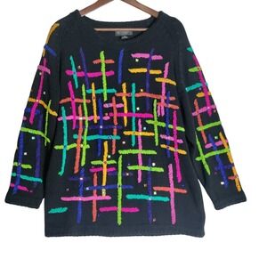 Vintage Classiques Sweater Black Multicolor 90's Woman's Size Medium Cotton Blen